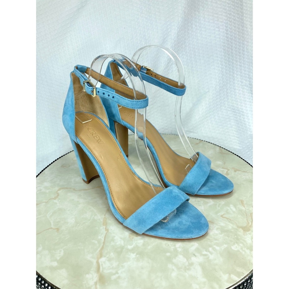 J. Crew Stella Block Heel Ankle Strap Sandals Women 9 Blue Suede Formal Chic New